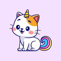 Obraz premium Cute Cat Unicorn Sitting Cartoon Vector Icon Illustration. Animal Nature Icon Concept Isolated Premium Vector. Flat Cartoon Style 