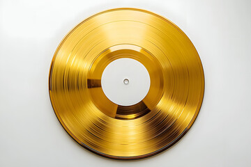 A gold vinyl record lies flat on a white surface. The record's grooves are visible and the label is white