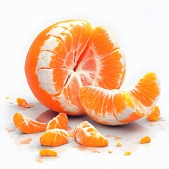 Vibrant 3D rendered orange citrus fruit with peeled segments on a clean white background created in a watercolor painting style  The image showcases the juicy natural textures and bright