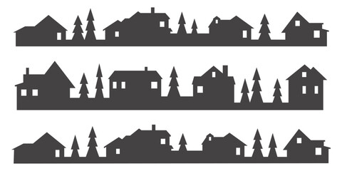 Town and village houses on skyline. Silhouette of small buildings in neighborhood on white background. Christmas rural simple drawing. Winter country landscape with trees in night. Vector