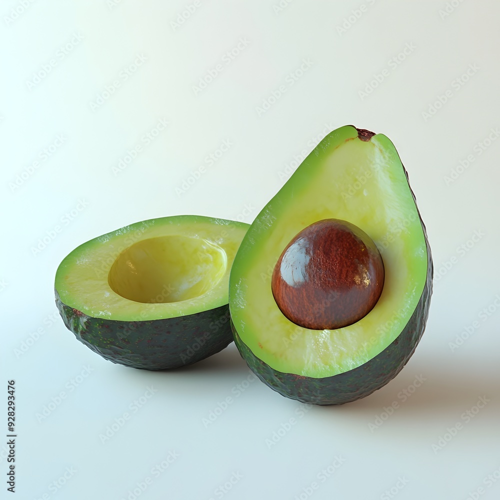 Poster minimalist and 3d rendered image of a halved avocado with the seed visible set against a clean white