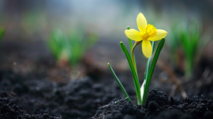 Obraz premium A single yellow daffodil flower blooms in the spring.