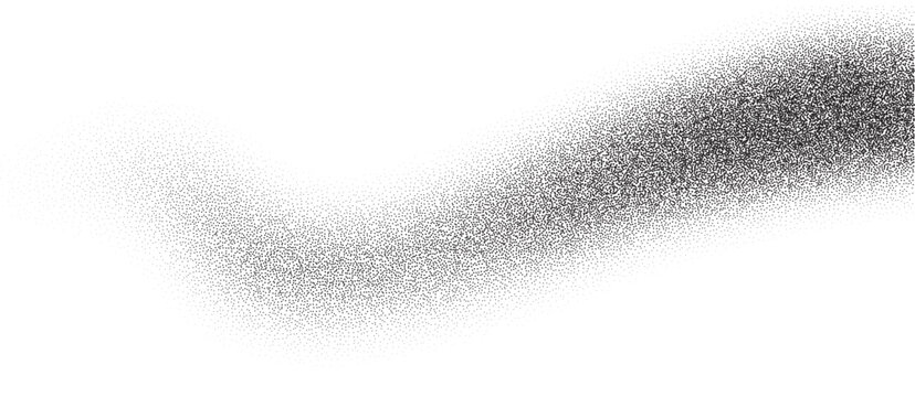 Grainy noisy gradient background. Sand wave on white bg. Stipple black texture like spray. Abstract vector grunge fade shape. Dissolve curve shadow with glitter.