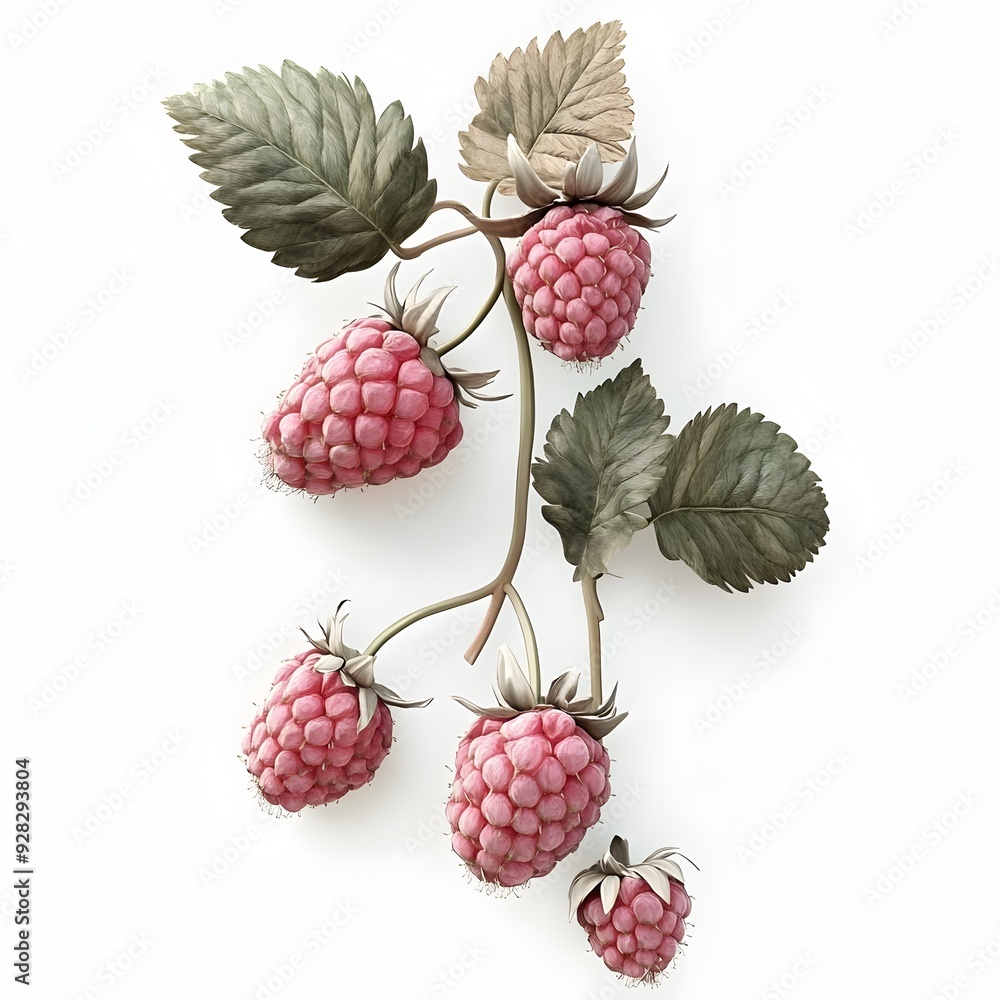 Poster Delicate Raspberry Cluster with Watercolor Style Backdrop   A 3D rendered image showcasing a vibrant juicy raspberry cluster set against a clean