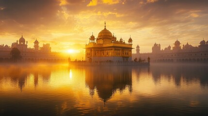 Golden dome of a Sikh gurdwara glowing brightly at sunset, reflecting in the calm waters of the holy pond, capturing a moment of divine peace