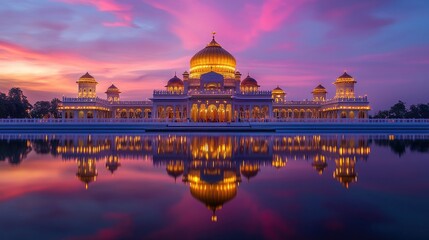 Obraz premium Golden dome of a Sikh gurdwara illuminated at dusk, reflecting the vibrant colors of the sky and the spiritual warmth of faith