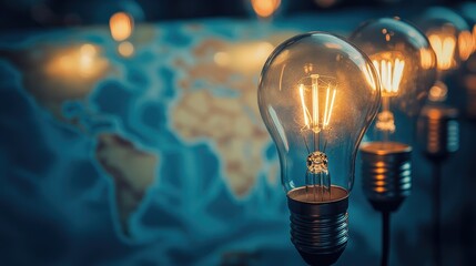 Group of light bulbs in front of a world map with key business cities highlighted, symbolizing global idea exchange and innovation.