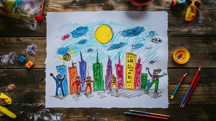 Charming Child's Artwork Depicts a Team of Superheroes Saving the City Under a Shining Moon, Drawn on White Paper on a Wooden Table