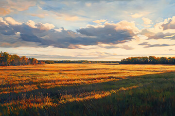 Fototapeta premium Golden Wheat Fields: Impressionistic Oil Illustration of the Expansive Plain