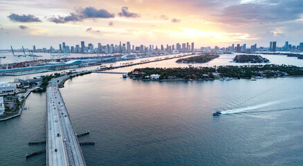 Miami Beach, South Beach at night. Miami seaside at dusk. Aerial view of evening Miami Beach and...