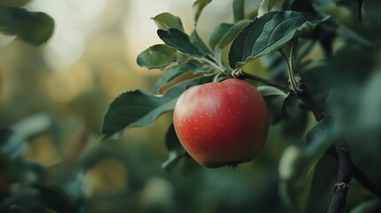 Red apple hanging from a branch in an orchard during fall
