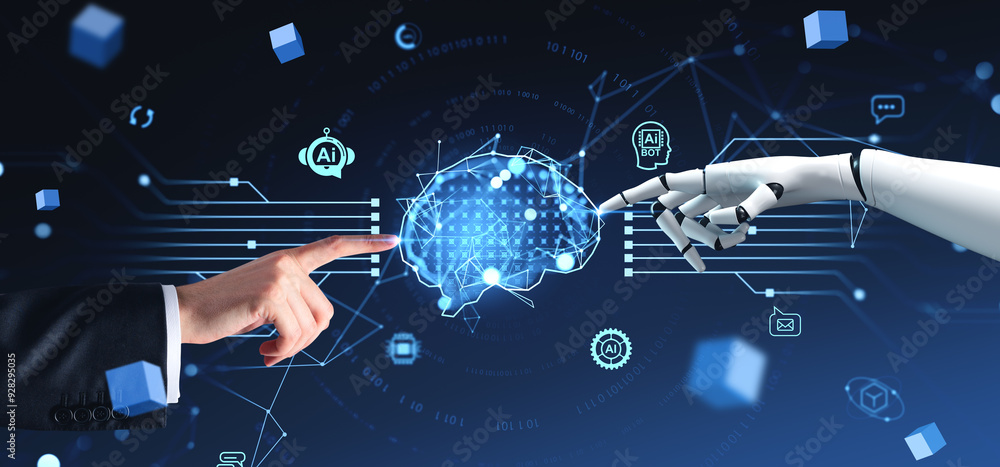 Poster human and robot hand pointing at digital brain hologram with ai icons on dark background.