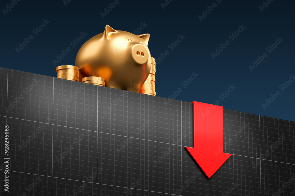 Poster golden piggy bank and coins next to descending red arrow on graph. 3d rendering