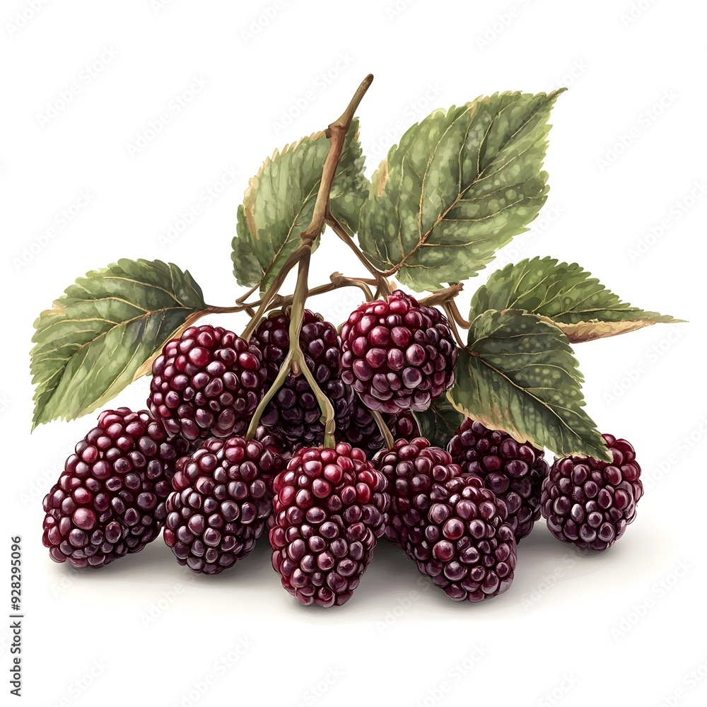 Poster lush deep red mulberry cluster against a pristine white background rendered in a captivating waterco