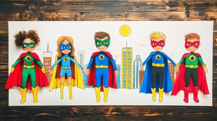 Charming Child's Artwork Depicts a Team of Superheroes Saving the City Under a Shining Moon, Drawn on White Paper on a Wooden Table