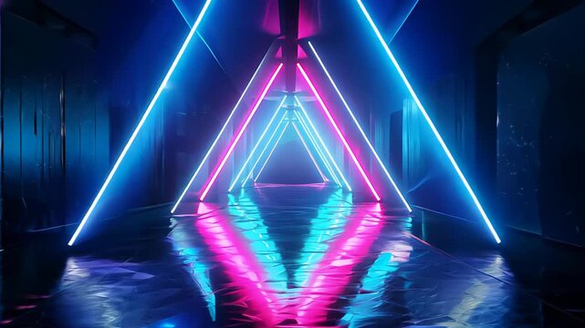 neon colored room with a blue and pink floor. The room is lit up with neon lights and has a futuristic feel, glowing, room, blue, club, space, black, perspective
