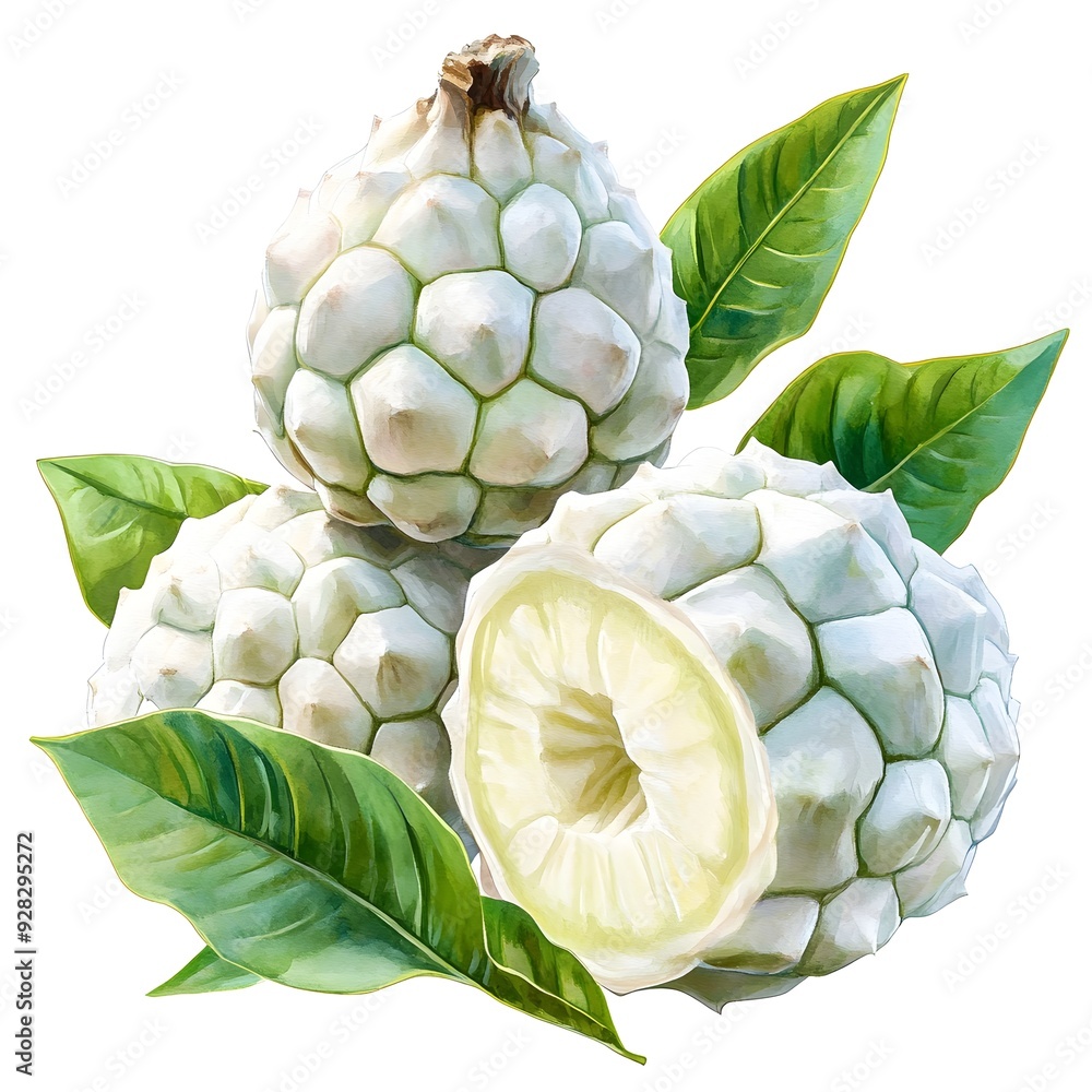 Poster segmented and whole custard apple in a watercolor style with a clear white background this showcases