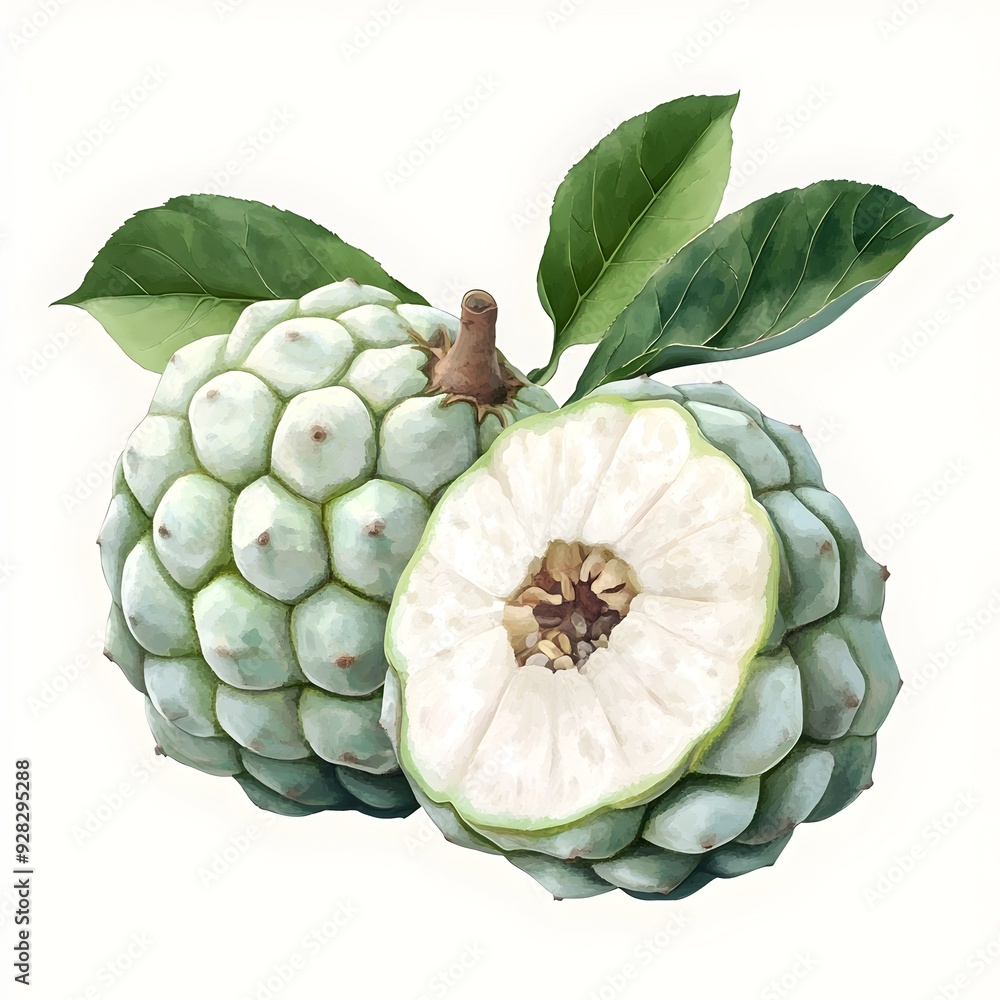 Poster Detailed 3D rendering of a custard apple both segmented and whole captured in a vibrant watercolor style against a clean white background