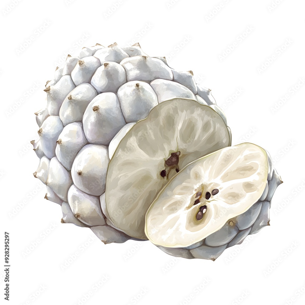 Poster detailed 3d rendering of segmented and whole custard apples in a vibrant watercolor painting style o