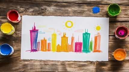 Charming Child's Artwork Depicts a Team of Superheroes Saving the City Under a Shining Moon, Drawn on White Paper on a Wooden Table