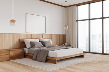 Scandinavian bedroom interior with bed and panoramic window. Mock up frame