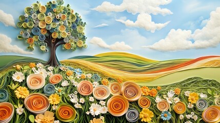 Naklejka premium landscape with flowers, quilling paper art, flower farm with rolling hills and a big tree, sunny day, artwork, handmade