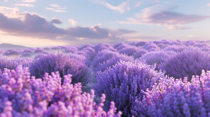 Fototapeta premium A field of blooming lavender with dense bushes illuminated by gentle light against a cloudy sky