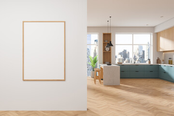 Blank poster mockup in modern kitchen interior. 3D Rendering
