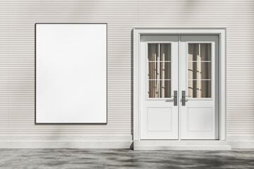 Blank poster frame and double doors in a modern exterior setting. 3D Rendering