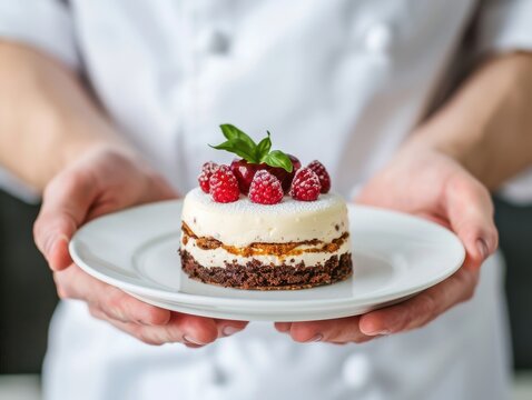 Culinary Artistry: Chef Presenting Exquisite Dessert for Restaurant Advertising