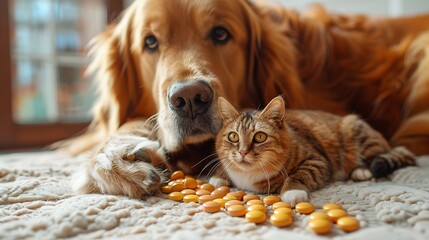Adorable brown dog and orange kitten snuggling together on a cozy knitted blanket, showcasing a heartwarming bond of friendship and affection.