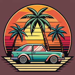 palm trees sunset sea car sticker for tshirt design