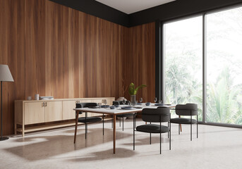 Modern home living room interior with eating table and chairs, panoramic window