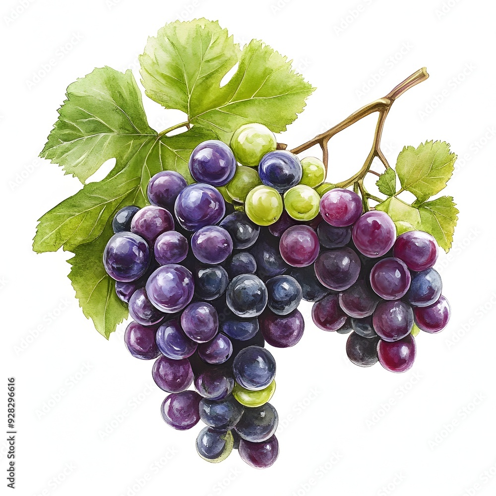 Poster lush and vibrant grape cluster with a captivating watercolor inspired style set against a crisp whit