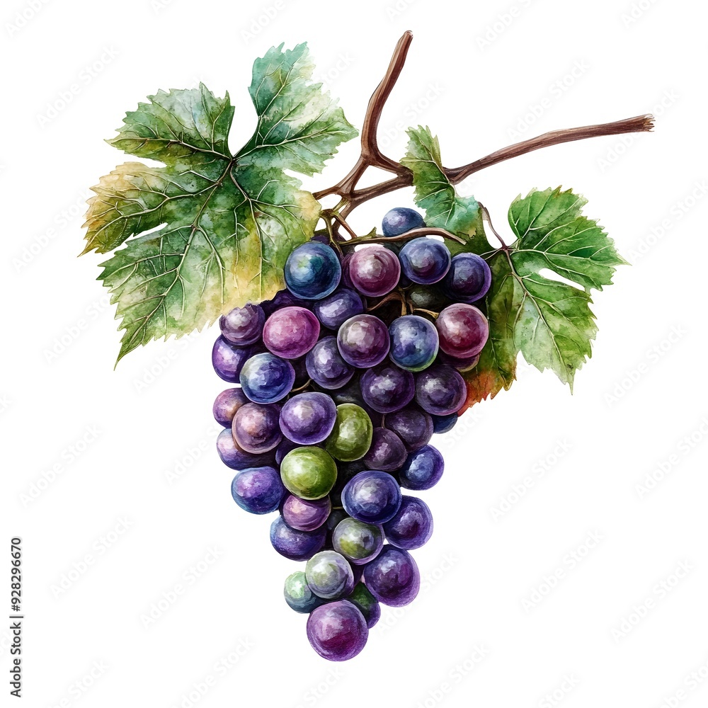Poster vibrant grape bunch with a mix of purple and green grapes against a clean white background with a so