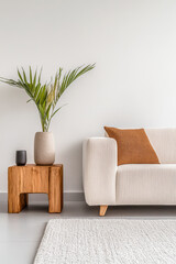 Modern living room interiors in neutral and warm tones with elegant furniture. Luxury residential Real Estate interior design.