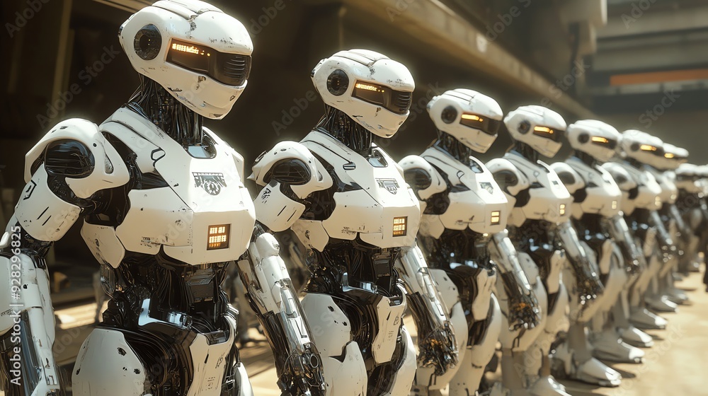 Poster row of futuristic robots standing in a line.