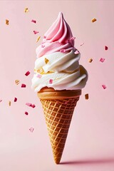 A pink and white ice cream cone with sprinkles falling out of it