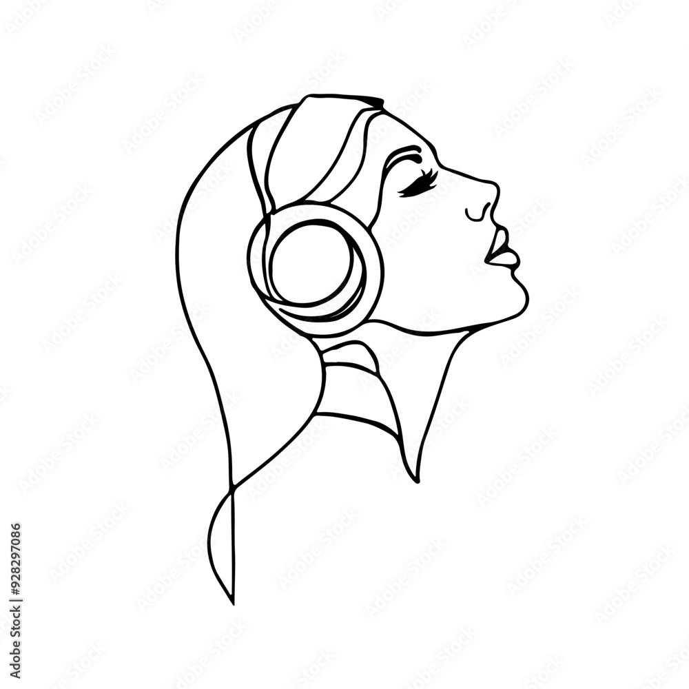 Wall mural Woman Portrait with Headphones Trendy Sketch Vector Drawing. Female Face Line Art Black Sketch Illustration on White Background. Female Profile Minimalist Contour Art Design