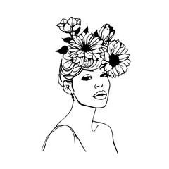 Female Face with Flowers Line Art Vector Illustration. Sketch Black Silhouette of Woman Floral Head on White Background. Woman Portrait Linear Illustration for Modern Design