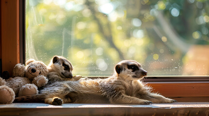 Fototapeta premium Ring-tailed lemur (Lemur catta) is sleeping with toys ,Beautiful horizontal close-up portrait of lemur with blurred background ,ferret with a plush toy 