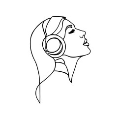 Woman Portrait with Headphones Trendy Sketch Vector Drawing. Female Face Line Art Black Sketch Illustration on White Background. Female Profile Minimalist Contour Art Design