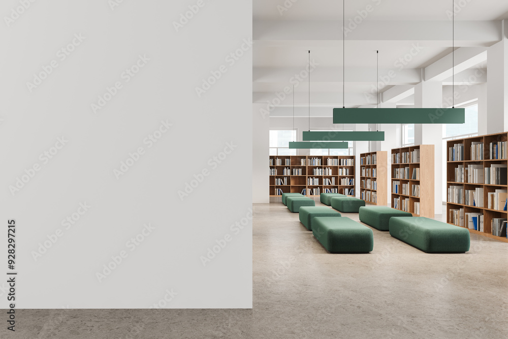 Poster modern public library interior with empty blank wall template. 3d rendering