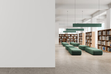 Modern public library interior with empty blank wall template. 3D Rendering
