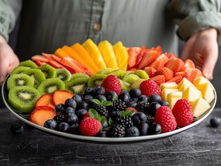 Fototapeta premium Vibrant Fruit Platter Served with Love Fresh Fruits on Plate, Healthy Eating Concept Restaurant