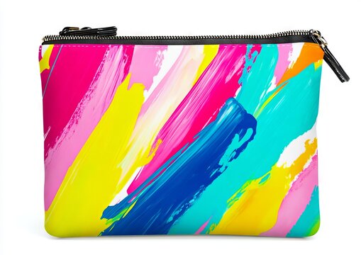 A colorful pouch with a colorful paint brush stroke pattern on it