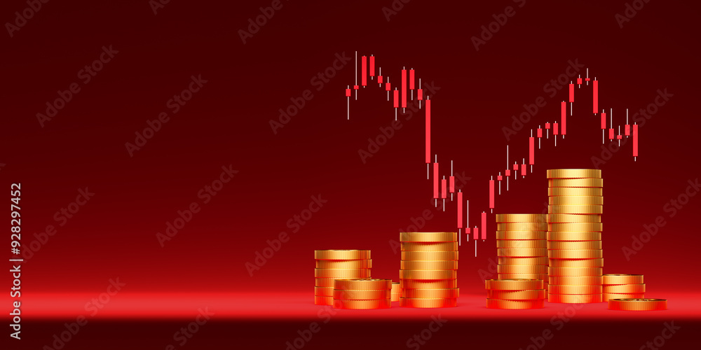 Poster stacks of gold coins with stock market chart on red background. 3d rendering