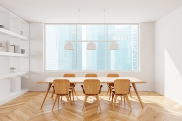 White home living room interior with table and seats, shelf and panoramic window
