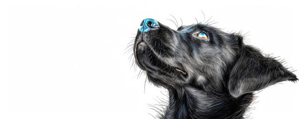 A close-up of a black dog with expressive eyes, gazing upward with curiosity. Perfect for pet-themed designs and projects.