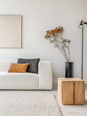 Modern living room interiors in neutral and warm tones with elegant furniture. Luxury residential Real Estate interior design.